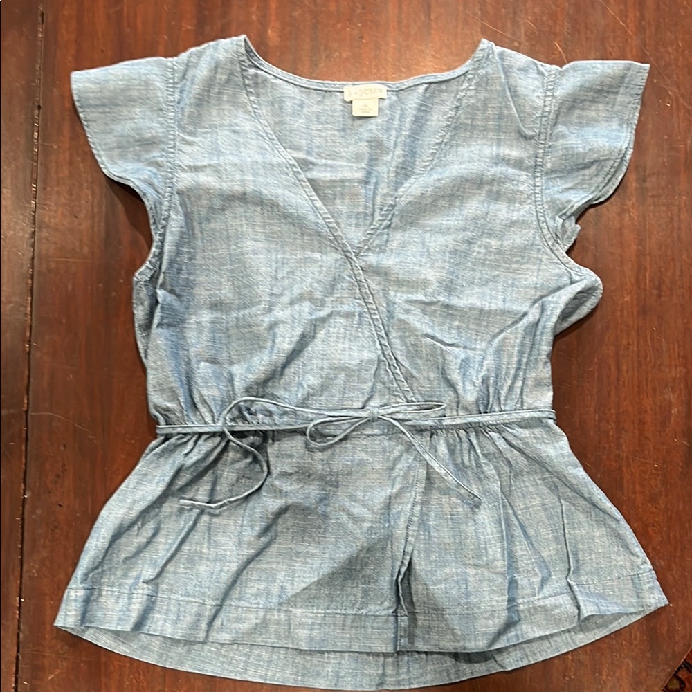 J Crew flutter-sleeve faux-wrap top in chambray